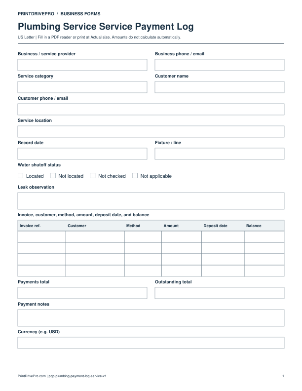 Preview of Plumbing Service Service Payment Log