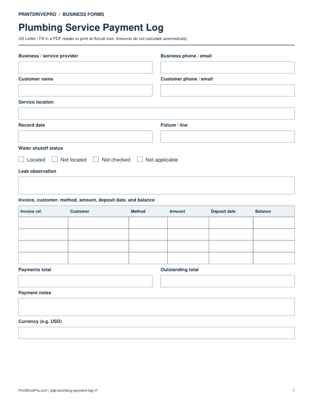 Preview of Plumbing Service Payment Log