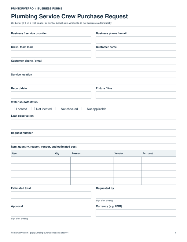 Preview of Plumbing Service Crew Purchase Request