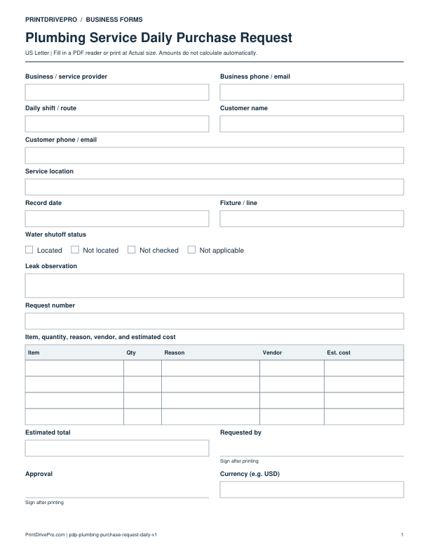 Preview of Plumbing Service Daily Purchase Request