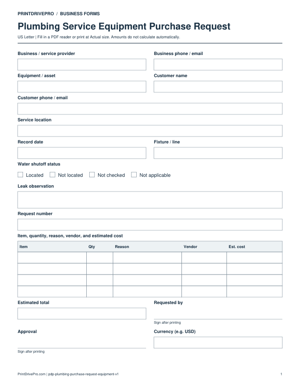 Preview of Plumbing Service Equipment Purchase Request