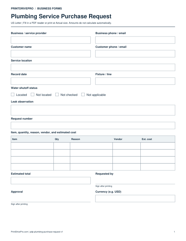 Preview of Plumbing Service Purchase Request