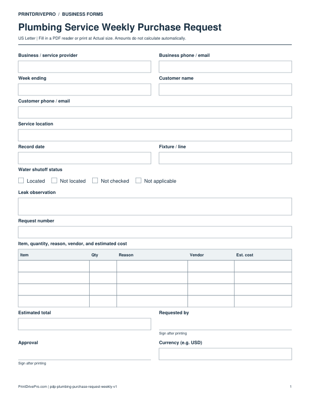 Preview of Plumbing Service Weekly Purchase Request