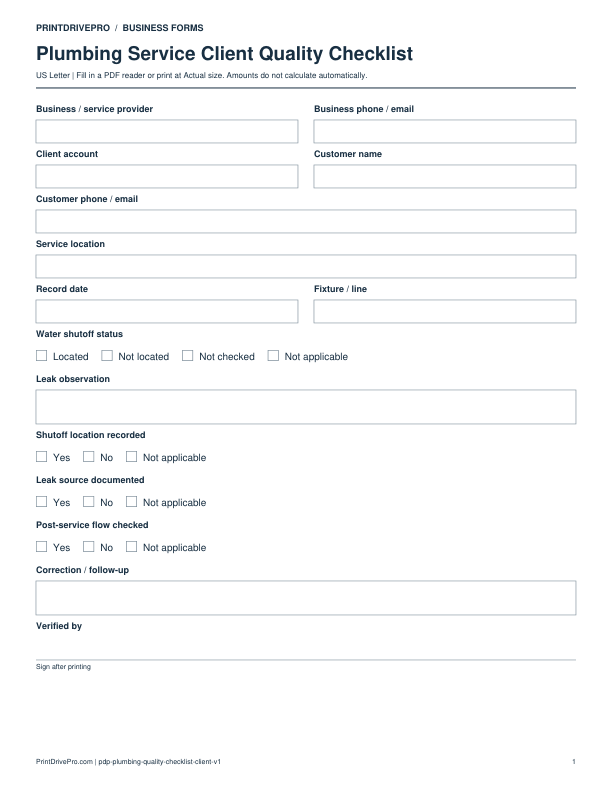 Preview of Plumbing Service Client Quality Checklist