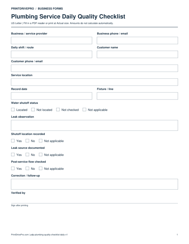 Preview of Plumbing Service Daily Quality Checklist