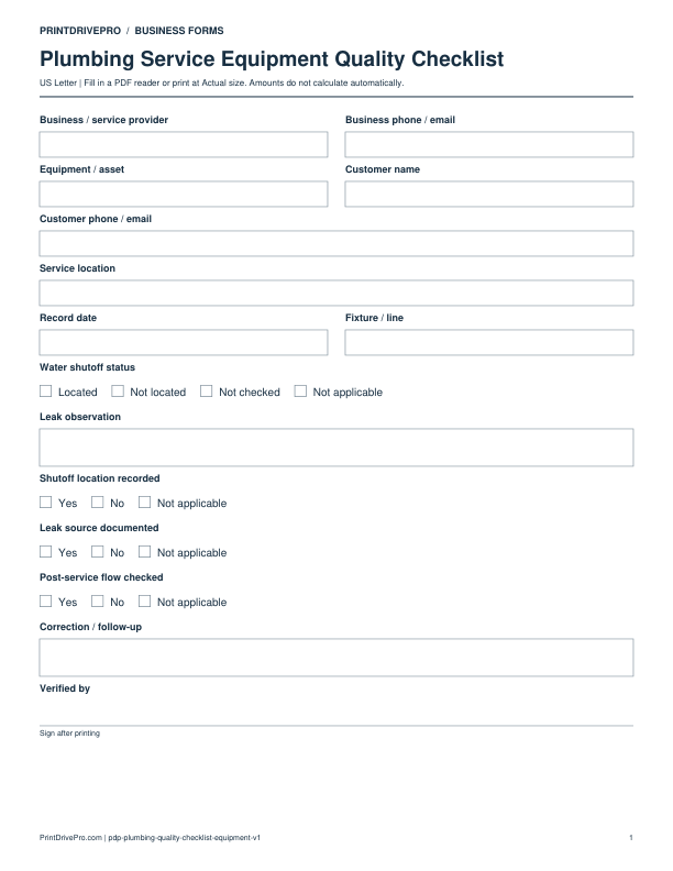 Preview of Plumbing Service Equipment Quality Checklist