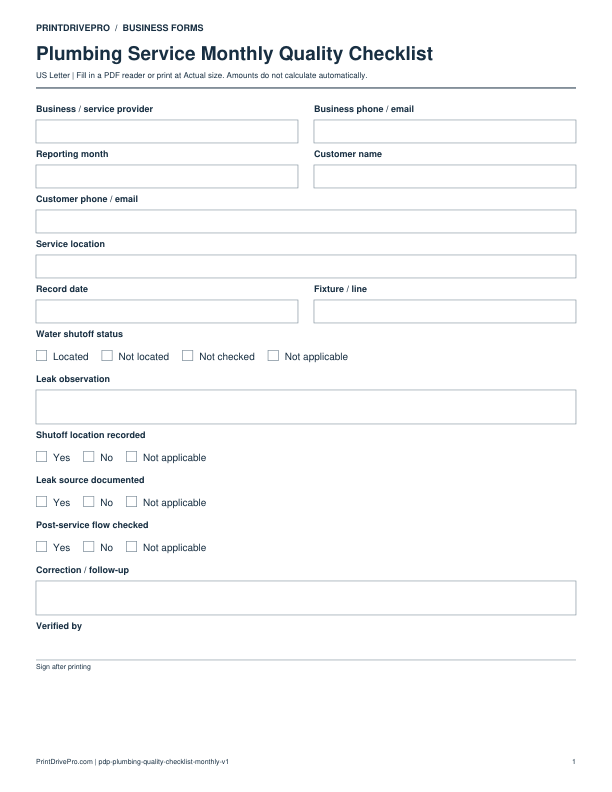 Preview of Plumbing Service Monthly Quality Checklist