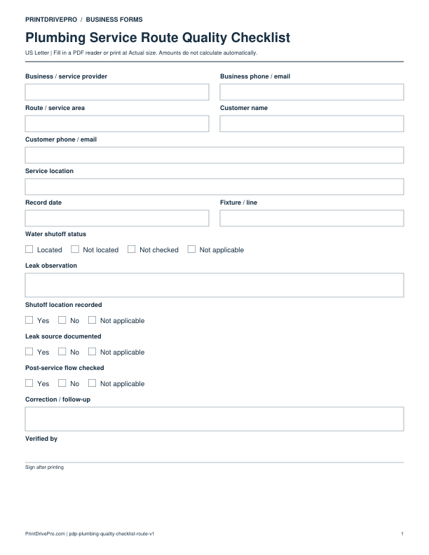 Preview of Plumbing Service Route Quality Checklist