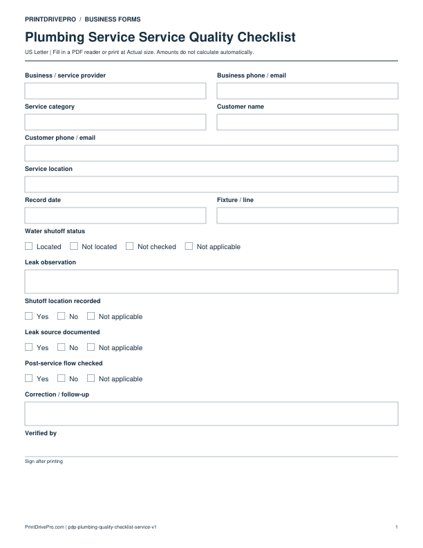 Preview of Plumbing Service Quality Checklist