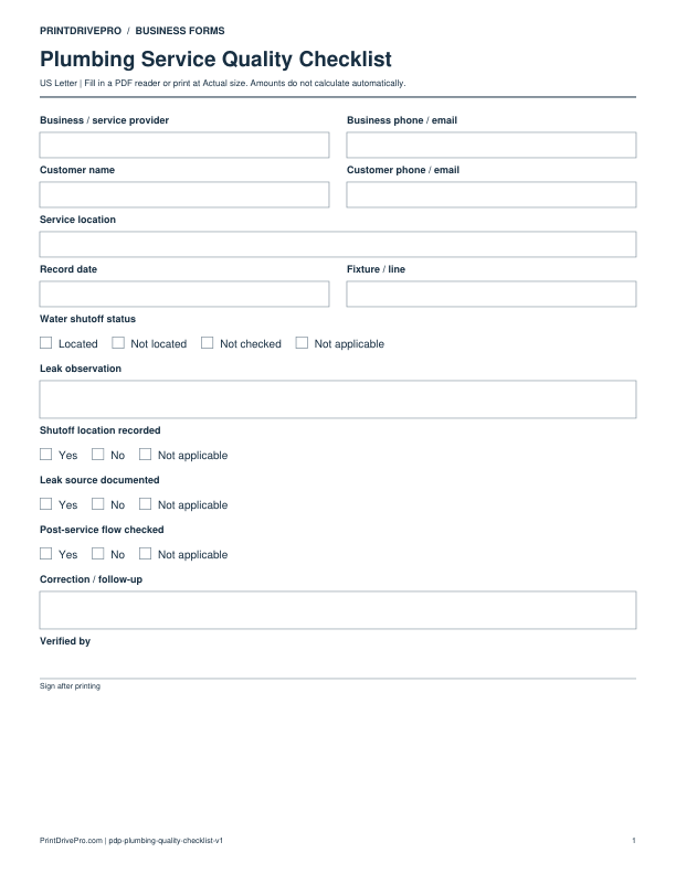 Preview of Plumbing Service Quality Checklist