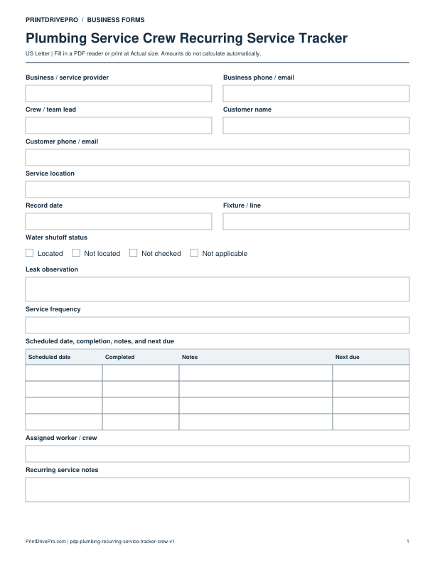 Preview of Plumbing Service Crew Recurring Service Tracker