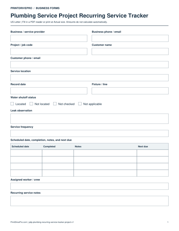 Preview of Plumbing Service Project Recurring Service Tracker