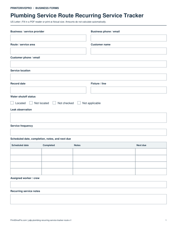 Preview of Plumbing Service Route Recurring Service Tracker