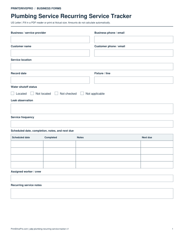 Preview of Plumbing Service Recurring Service Tracker