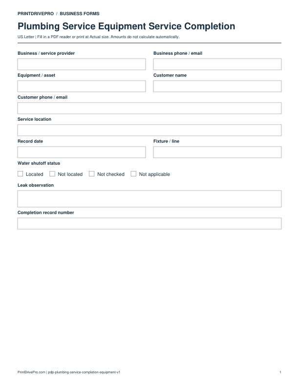Preview of Plumbing Service Equipment Service Completion