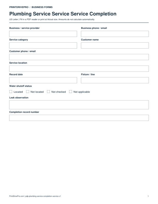 Preview of Plumbing Service Service Service Completion