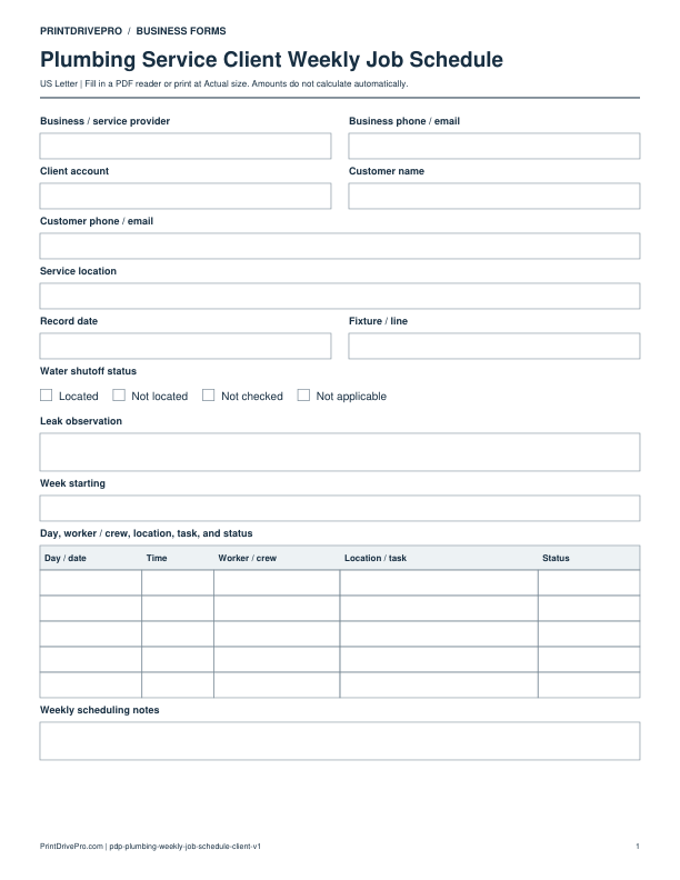 Preview of Plumbing Service Client Weekly Job Schedule