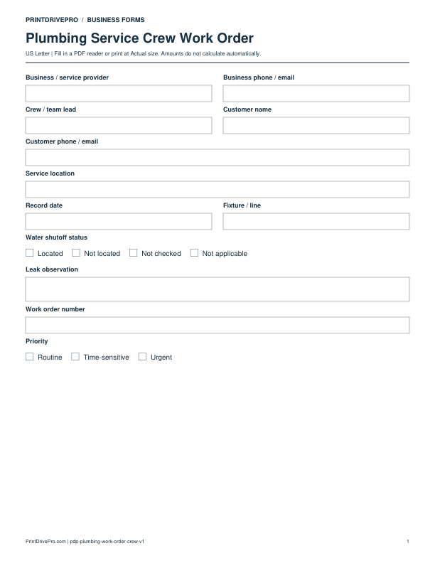 Preview of Plumbing Service Crew Work Order
