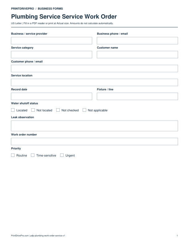 Preview of Plumbing Service Service Work Order