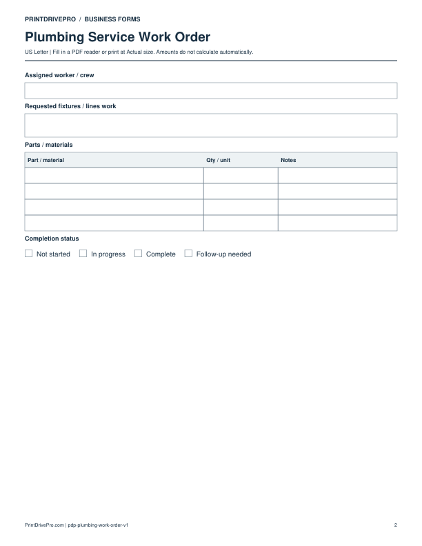 Page 2 of Plumbing Service Work Order Printable
