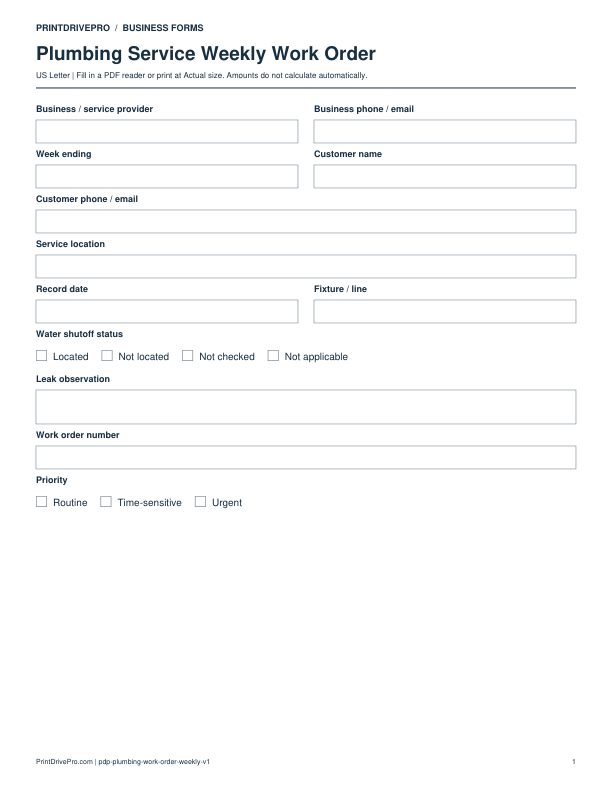 Preview of Plumbing Service Weekly Work Order